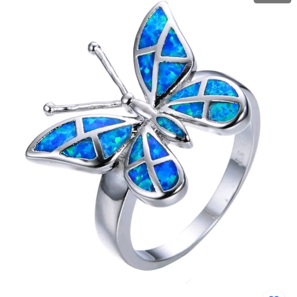 New simulated opal silver butterfly ring
